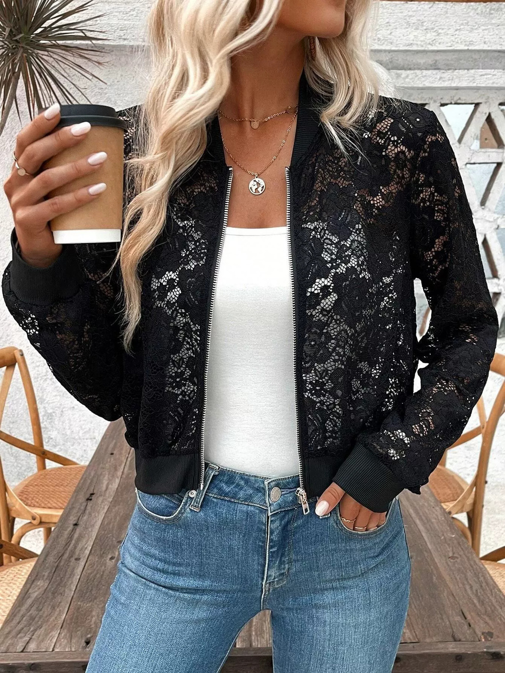 Zara Spring Jacquard Lace Sheer Zipper Short Jacket